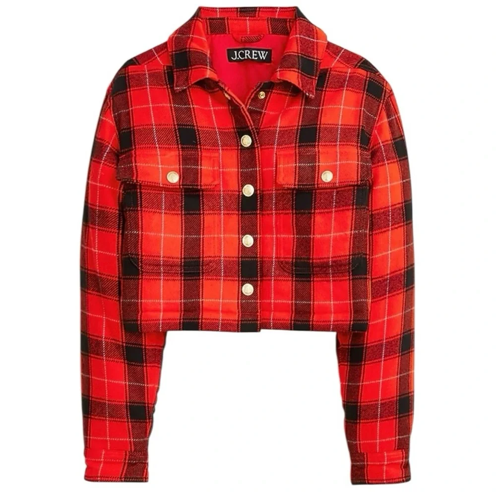 J. Crew Cropped Puffer Jacket in Buffalo Check Vibrant Flame Size XXL